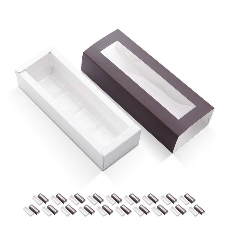 BAKIPACK 20 Truffle Boxes, Chocolate Boxes, Candy Boxes Packaging with 4-Piece Plastics Tray (Tray Size with 5.75x1.25 Inches), Pull Out Packing with Clear Window Sleeves, Dark Brown - Image 1